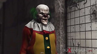 Evil clown plays with a fetching horny college girl in an abandoned hospital